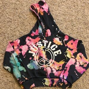 Justice Black Cropped Tie-Dye Hoodie with White Peace Logo